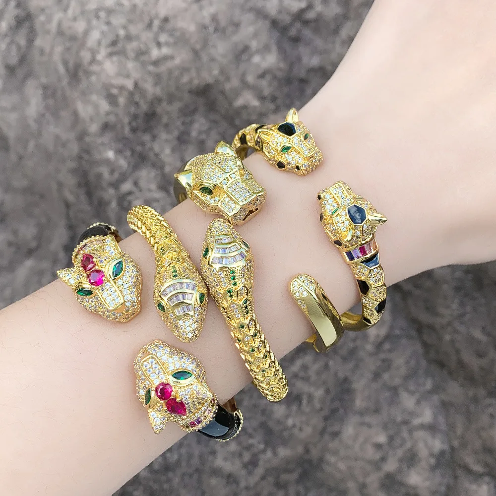 

New Personality Exaggerated Animal Leopard Head Copper Bracelet Fashion Gold Light Luxury Retro Serpentine Opening Bracelet