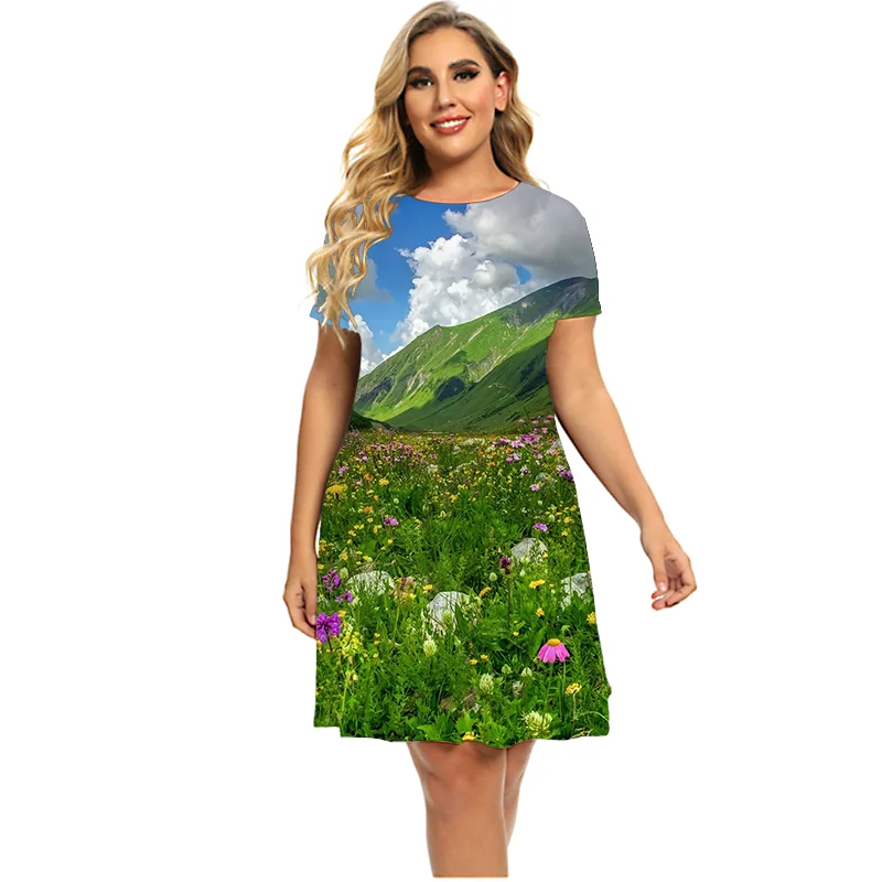

Dresses For Women 2022 3D Natural Scenery Print Dress Women Casual Short Sleeve O Neck Loose Dress Holiday Wild Clothing