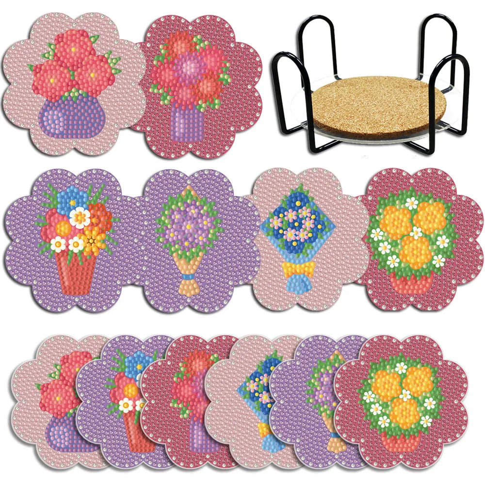 

DIY Flowers Diamond Painting Coaster Special-Shaped Drill Point Drill Coaster Cup Cushion with Rack Xmas Gifts Home Decor