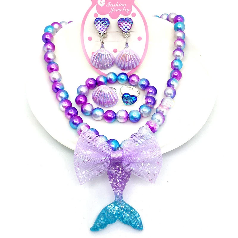 Baby Girls Beads Necklace Set Fashion Mermaid Tail Pendant Child Kids Adjustable Lovely Necklace Charm Chunky Jewelry For Gift