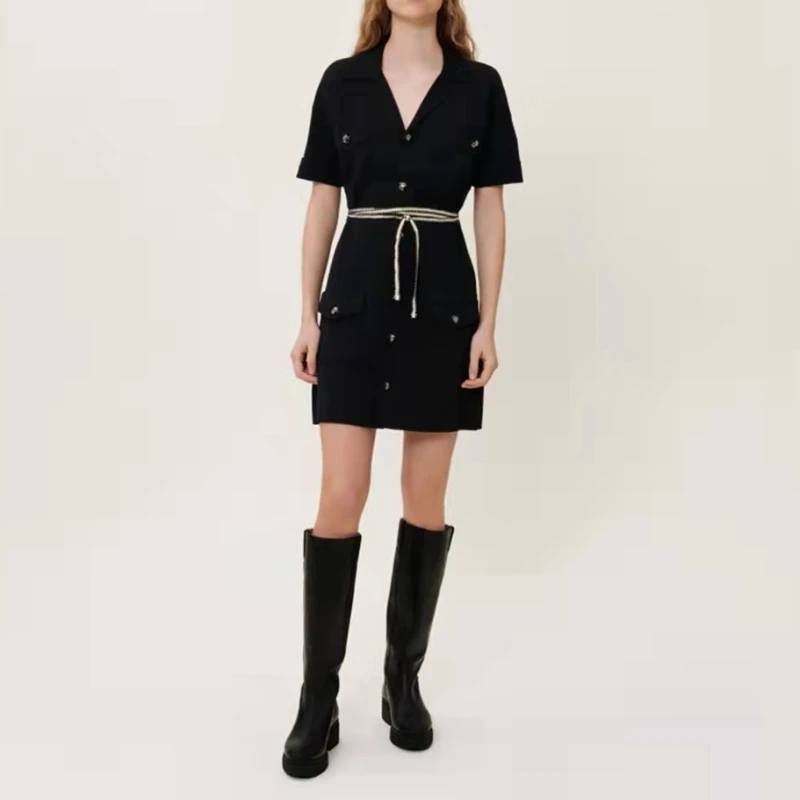 

Женское трикотажное мини-платье с поясом, черное платье-рубашка с воротником с лацканами, лето 2022