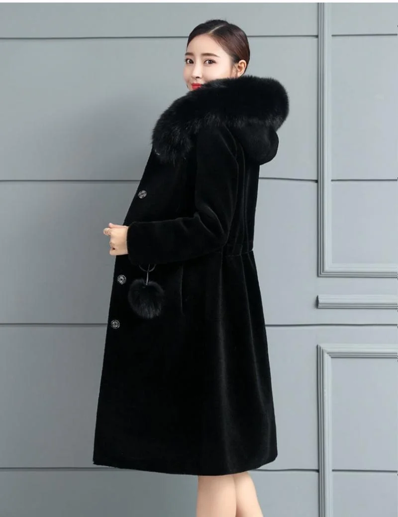 Faux Fur Coat Women Hooded Mink Cashmere Slim Fit Plus Size Solid Long Sleeve Thick Warm Single Breasted Fur Coat