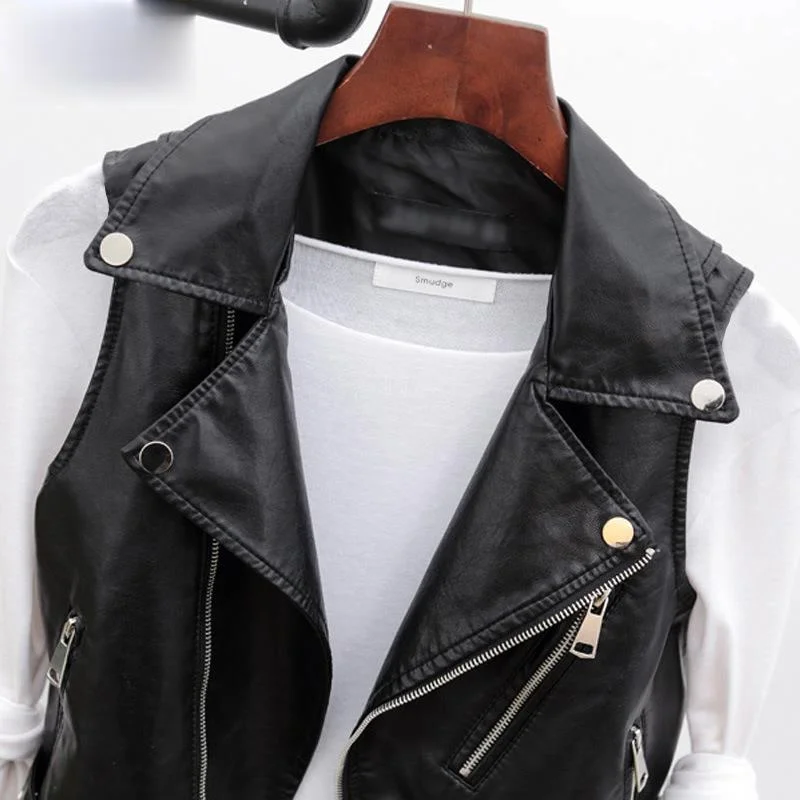 2023 Spring Faux Leather Short Casual Pu Jacket Coat Women Winter New Pockets Zipper Shrug Sleeveless Jackets Coats Woman Vest