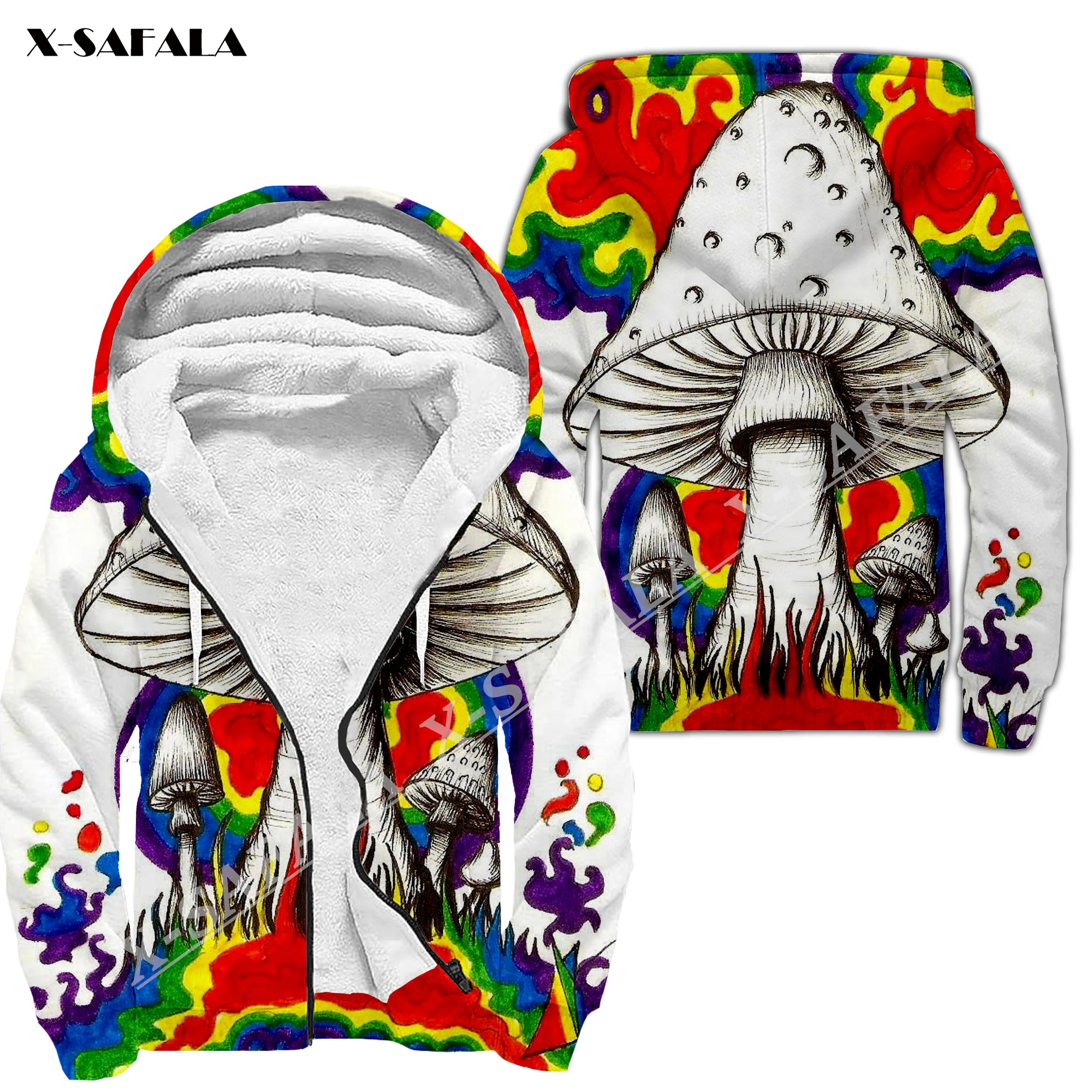 Trippy Psychedelic Mushroom Fungus 3D Print Men Warm Thick Fleece Zipper Hoodie Jacket Windproof Pullover Coat Hooded Outwear
