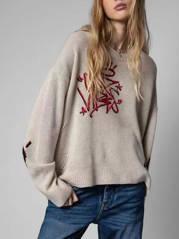 2022 Autumn And Winter New Women Sweater 100% Cashmere Round Neck Letters Print Women Pullover