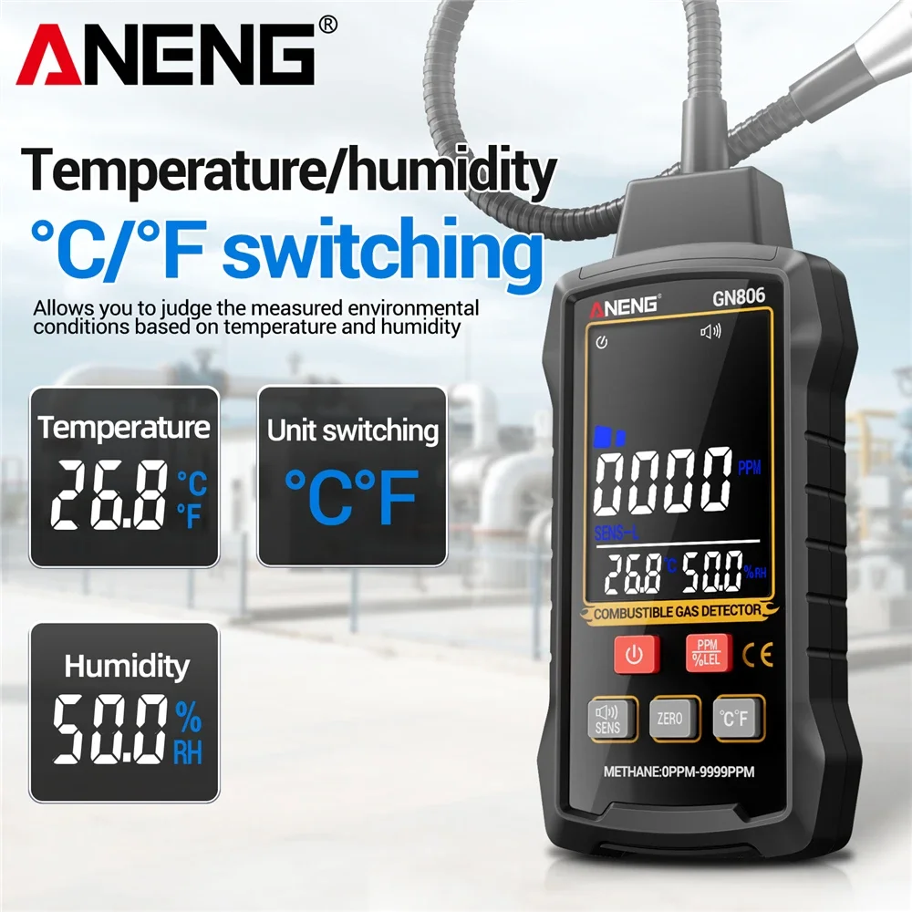 Фото Детектор горючих газов ANENG GN806, 0-9999PPM, 3 уровня чувствительности, регулируемая чувствительность, цветной VA-экран, звуковая сигнализация, для дома и промышленности №2