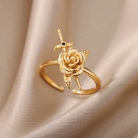 vintage rose flower sword pendants rings for women stainless steel romantic flower finger couple ring wedding jewelry gift 2022