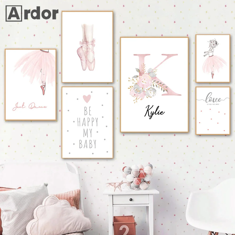 

Flower Custom Name Wall Art Print Ballet Girl Poster Pink Canavs Painting Nursery Posters Nordic Wall Pictures Baby Room Decor