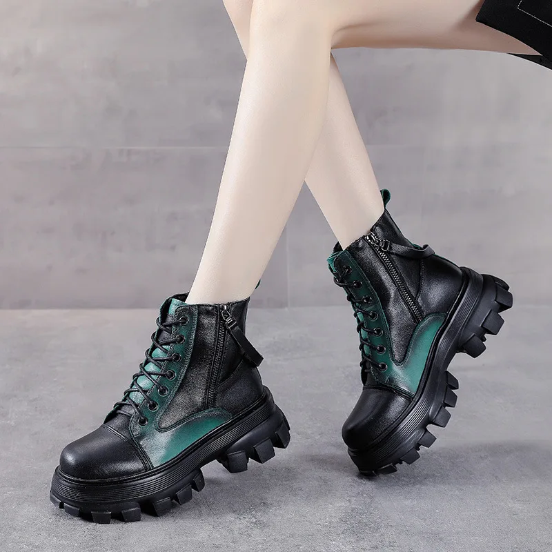 Autumn and Winter New Genuine Leather Brushed Casual Martin Women's Boots Colored Back Zipper Single Boot Thick Sole Boots