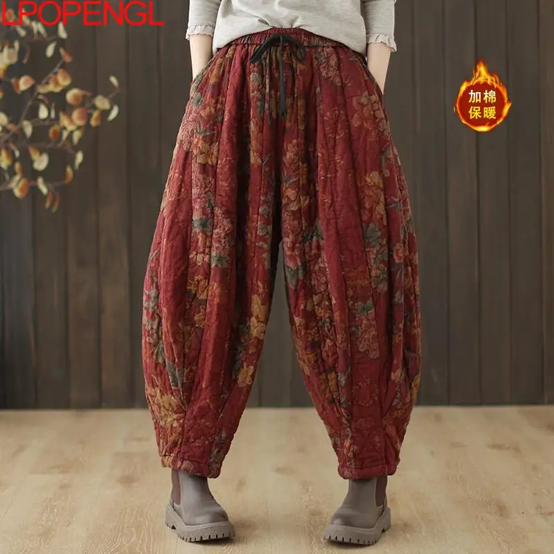 Хлопковые льняные брюки в этническом стиле с принтом ретро женские осенние и