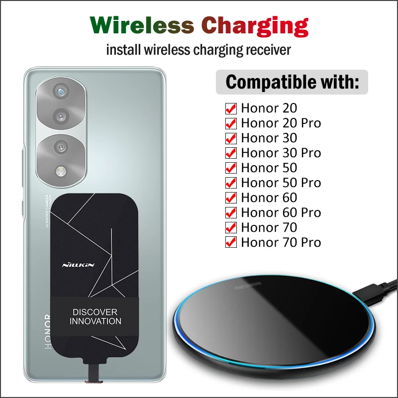 Qi Wireless Charging for Huawei Honor 10 20 30 50 60 70 80 Pro Plus Wireless Charger Pad+Nillkin Receiver USB Type-C Adapters