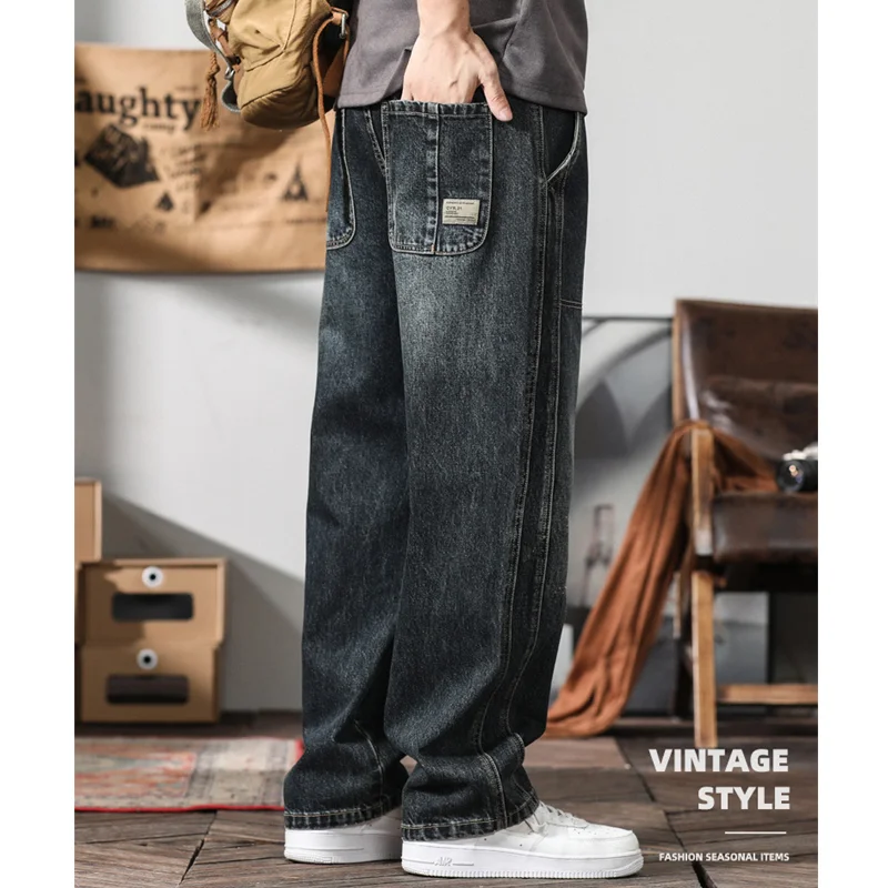 Streetwear Men 2022 New Pattern Vintage Recreational Blue Black Jeans Loose Straight Cylinder Broad  Leg Trousers Autumn Female