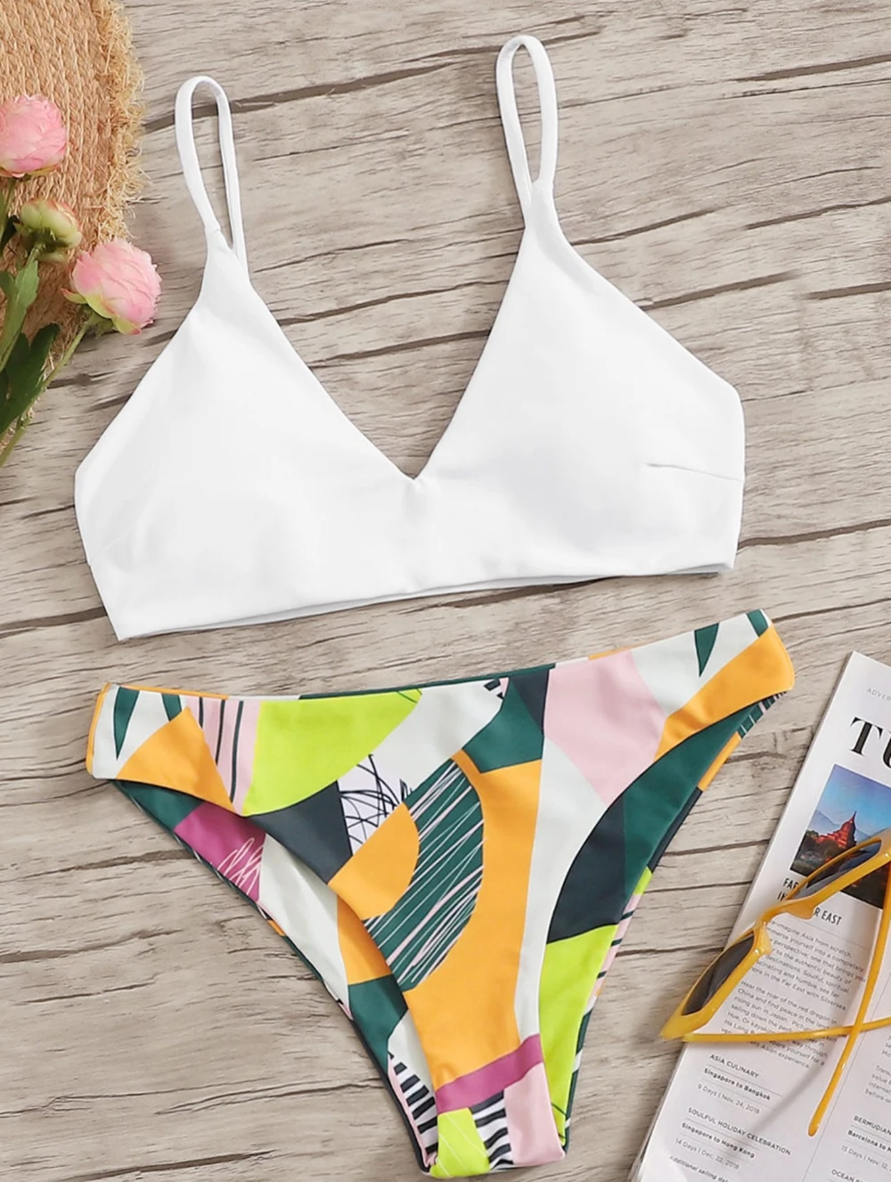 

New Sexy Solid Color Bikini Top Colorful Print Bottom Female Swimsuit Middle Waist Women Swimwear Bikini set Bather Bathing Suit