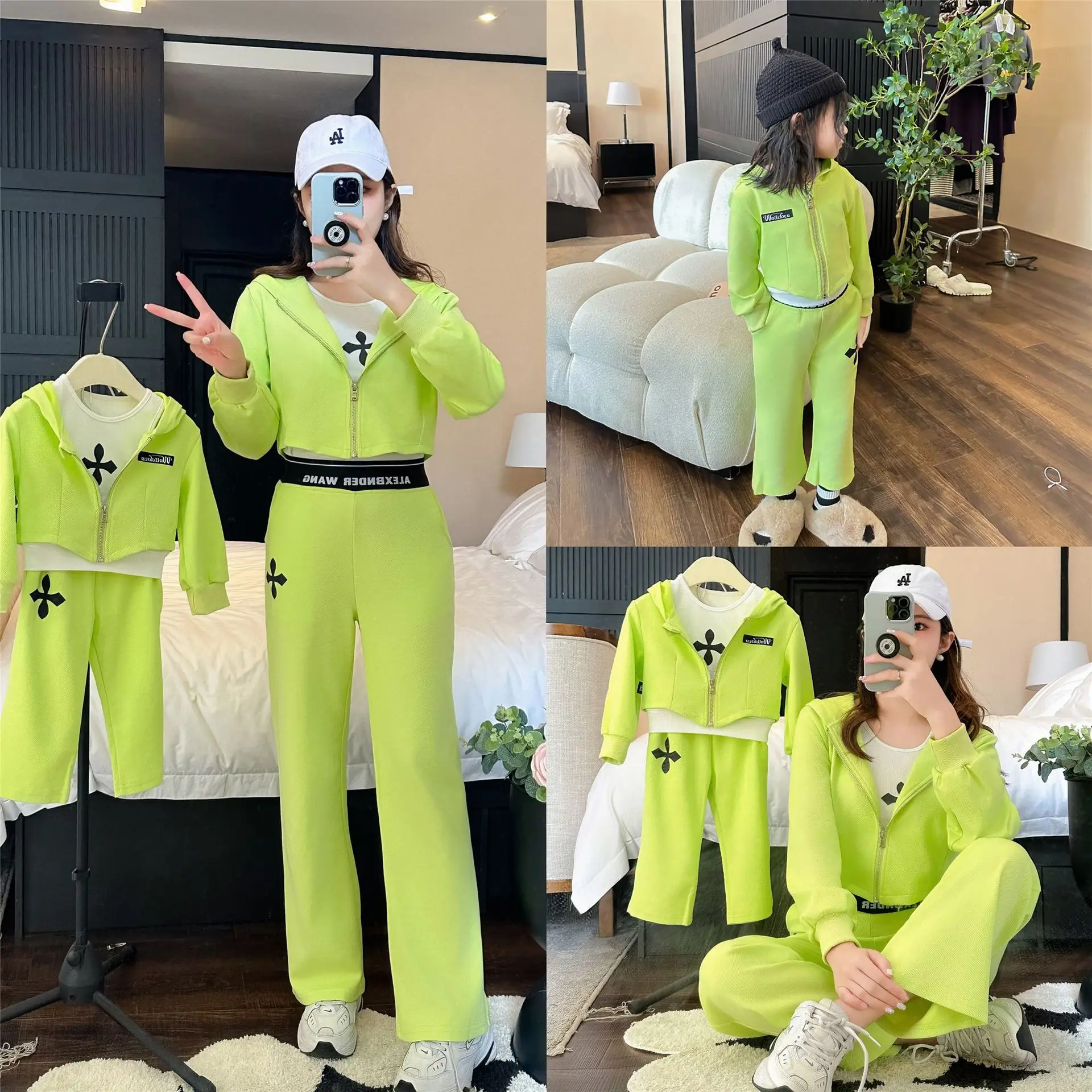 Новинка Осень 2023 Модный Зеленый Спортивный комплект с капюшоном для матери