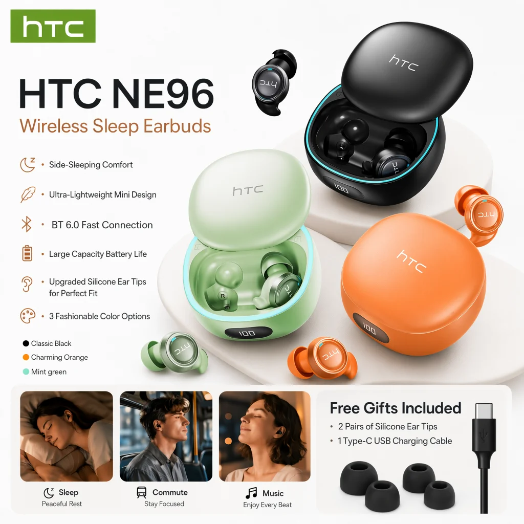 Фото Беспроводные Bluetooth-наушники HTC NE96 TWS с низкой задержкой, спортивные внутриканальные наушники 3G, ультралегкие, мягкие, удобные для сна №1