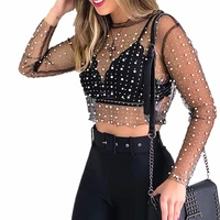 women transparent o neck long sleeve sexy lace mesh shirt club party tops ladies 2022 spring pearl beading blouse blusas