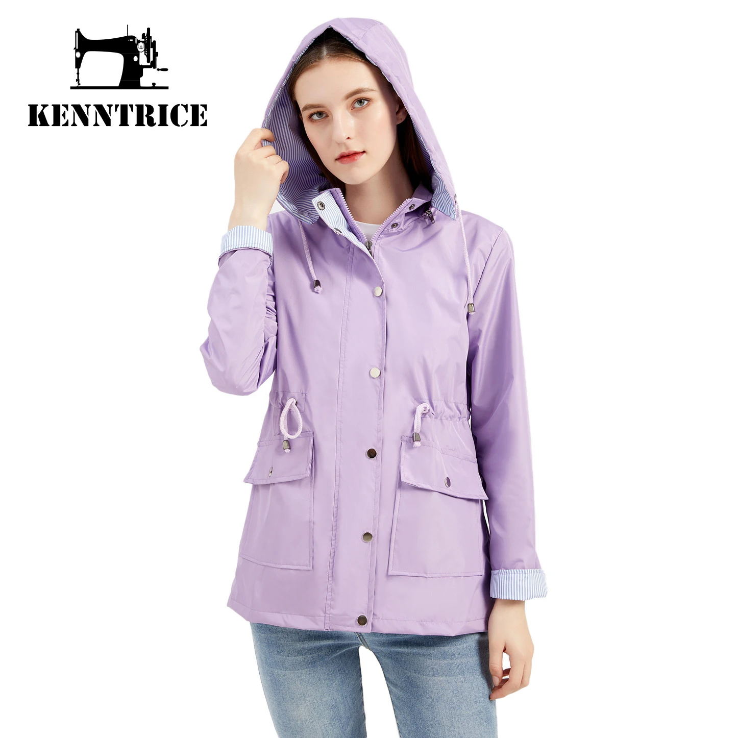 Kenntrice 2022 New Spring Autumn Windbreaker for Women Slim Fit Hoody Detachable Hat Windproof Outerwear Female Waterproof Jacke