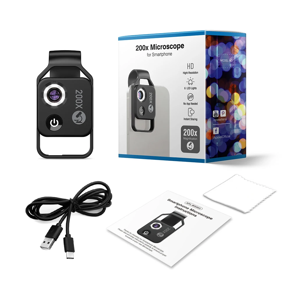 APEXEL Digital 200X microscopes Phone lens with CPL LED Light micro pocket macro lenses for iPhone accessories all smartphones