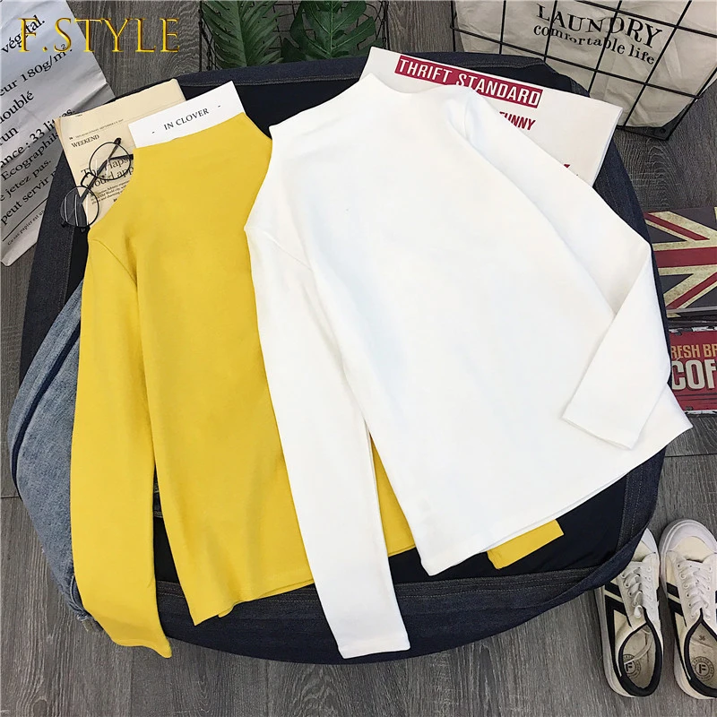 

F GIRLS T-shirts Women Long-sleeved Turtleneck Simple All-match Bodysuit Elegant Slim Harajuku High Quality Korean Style Female