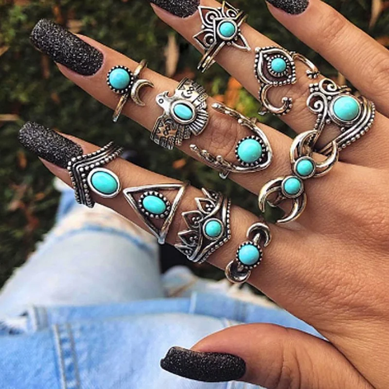 

2022 New Fashion Crown Exaggerated Jewelry Moon Personality Owl 11-Piece Set Knuckle Ring for Women Free Shipping