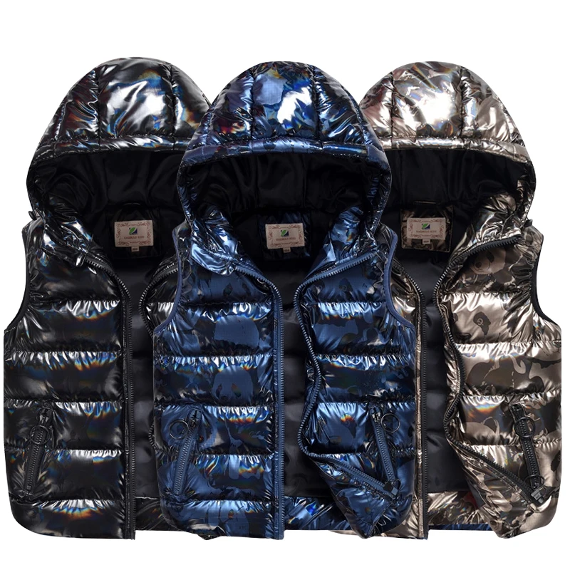 

Winter Teenage Boys Shiny Hooded Warm Puffer Vest Panda Patterned Metallic Glossy Color Kids Child Quilted Sleeveless Gilet Coat