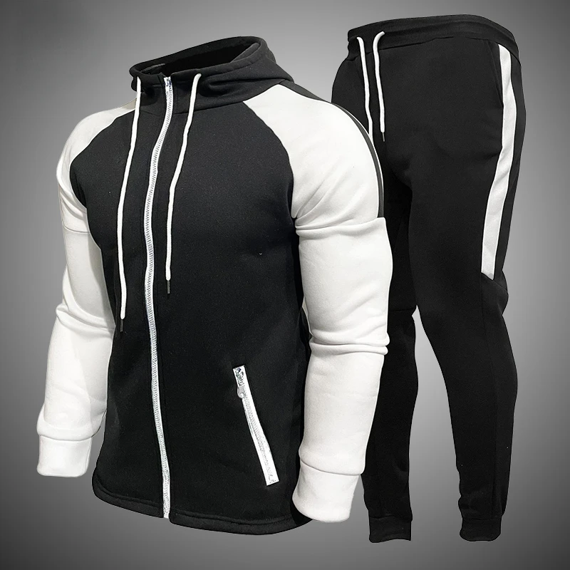 

NEW IN Pieces Sets Men's Tracksuit Casual Patchwork Hoodies Zipper Sports Suit+Pants Fashion 2022 New Jogging Muscle Fitness