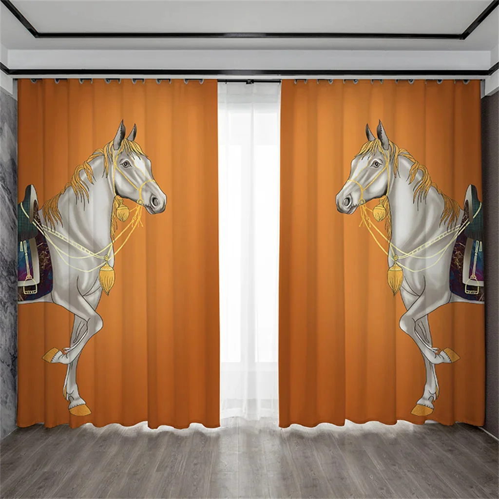 Роскошные черно-белые 3d-занавески в виде лошадей на оранжевом фоне современные