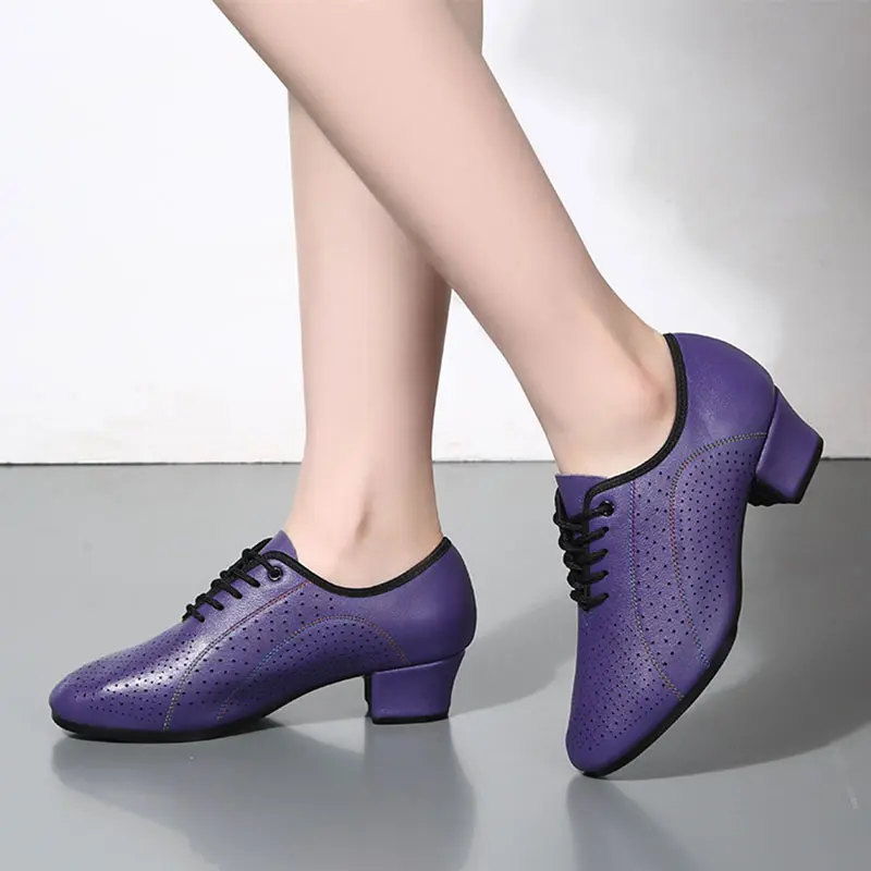 Cowhide Women Jazz Dance Shoes Latin Salsa Dancing Shoes Embossed Purple Female Teachers Ballroom Shoes Ladies Dance Sneakers