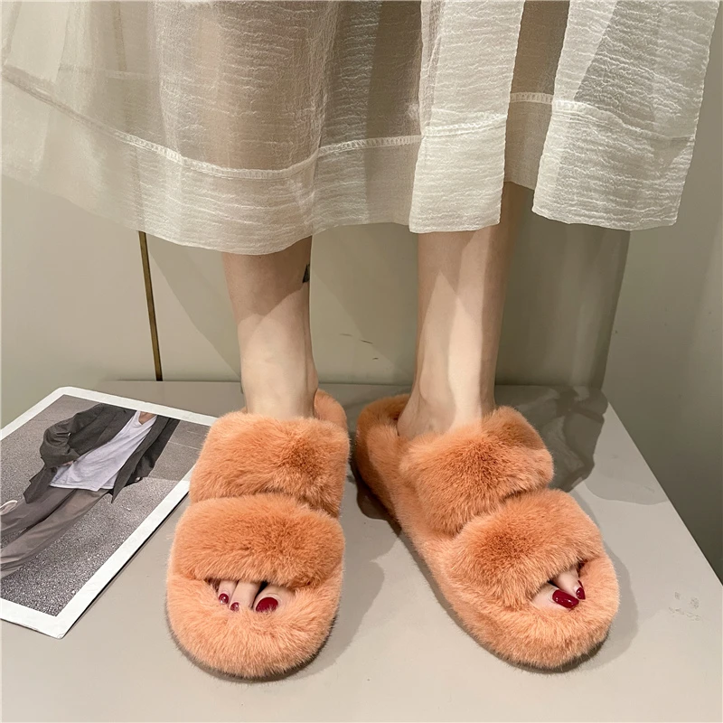 

2022 New Winter Warm Fluffy Home Slippers Women Fur Slippers for Women Flat Platform Cozy Furry House Indoor Shoes Women Shoes