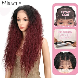 13×4 Synthetic  Lace Front Wig Red Ombre Wig 30 Inch Free Part High Temperature Fiber Burgundy Black Heat Resistant