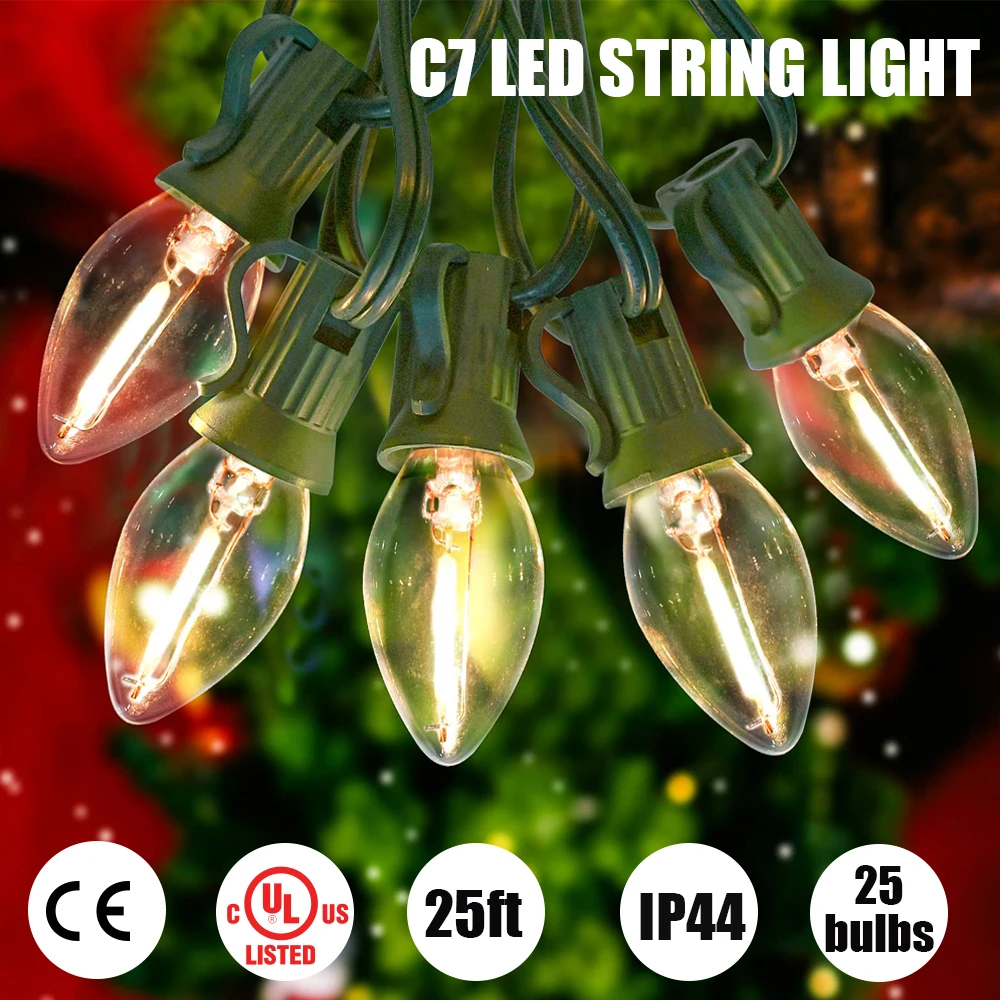 25Ft C7 Led String Lights 25PCS LED Christmas Bulb IP44 Wate