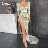 century sexy mint green puff sleeves side slit satin evening dresses sweetheart bow belt long party gowns women robes de soir%c3%a9e