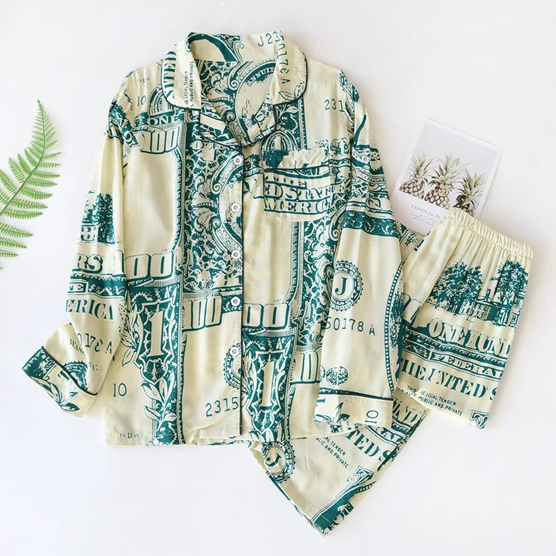 Sleep Wear Ladies Pajamas Long Sleeve Sleepwear Thin Print Loungewear Loose Plus Size Suit Spring Autumn Clothes Woman Pjs Set