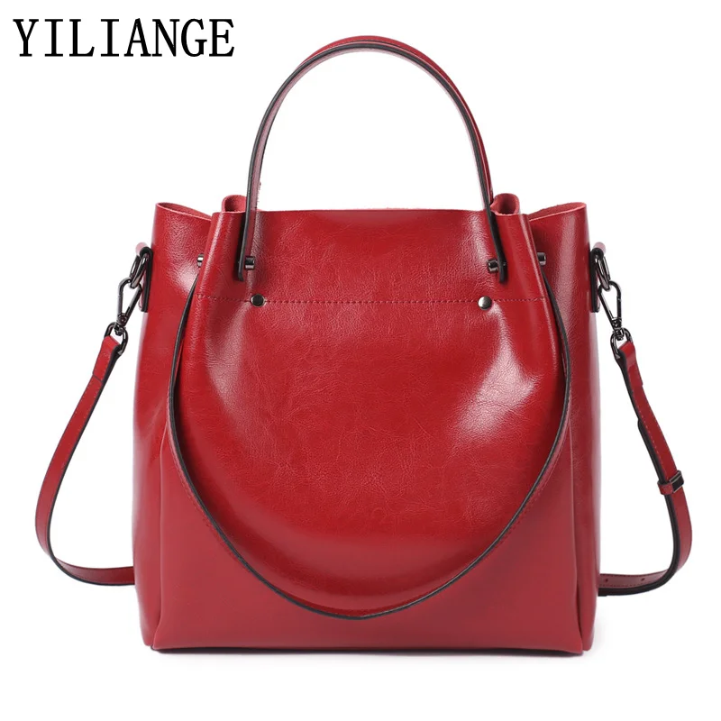 

Women's oil wax cowhide Korean style tote bag Fashion all-match multi-function Handbags ladies Large Capacity new shoulder bag