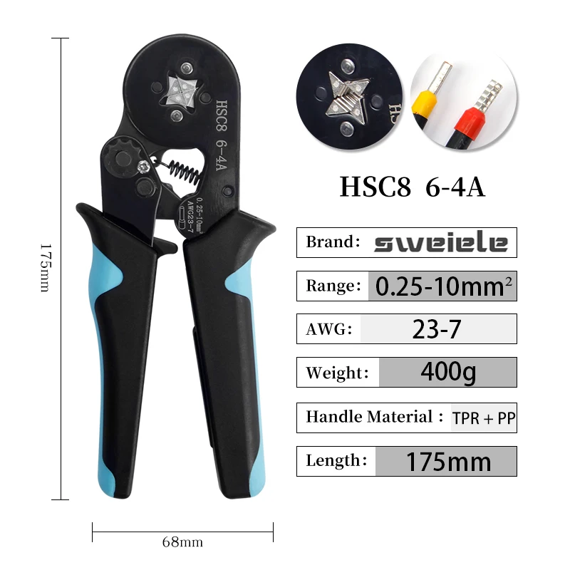 Трубчатый клемментный инструмент для обжима клемм Mini Electrician Pliers Hand Tools HSC8 6-4 0.06-10мм2 28-7AWG High Precision Set on.