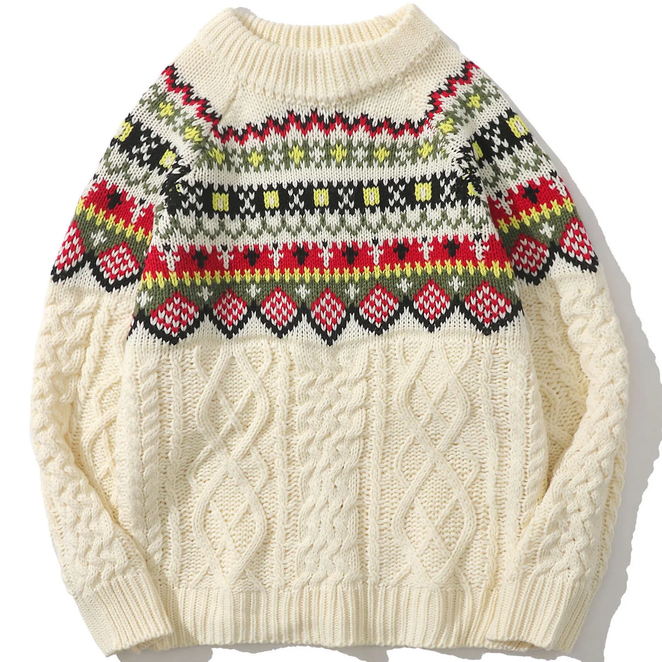 

Harajuku Vintage Spring Apricot Sweater Jacquard Knitted Sweater Pullover Men Women Streetwear Loose Casual Knitwear Top
