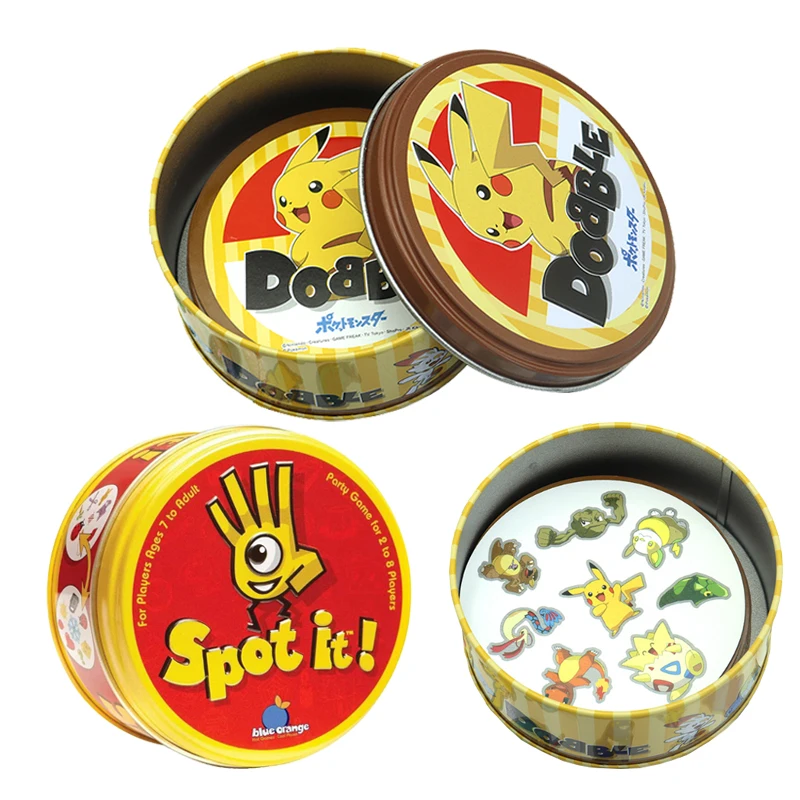 

Pokemon Dobble Cards Pikachu Spot It Game Toy with Metal Box Family Board Game Red Sports Animals Holidays Camping Kids Gifts