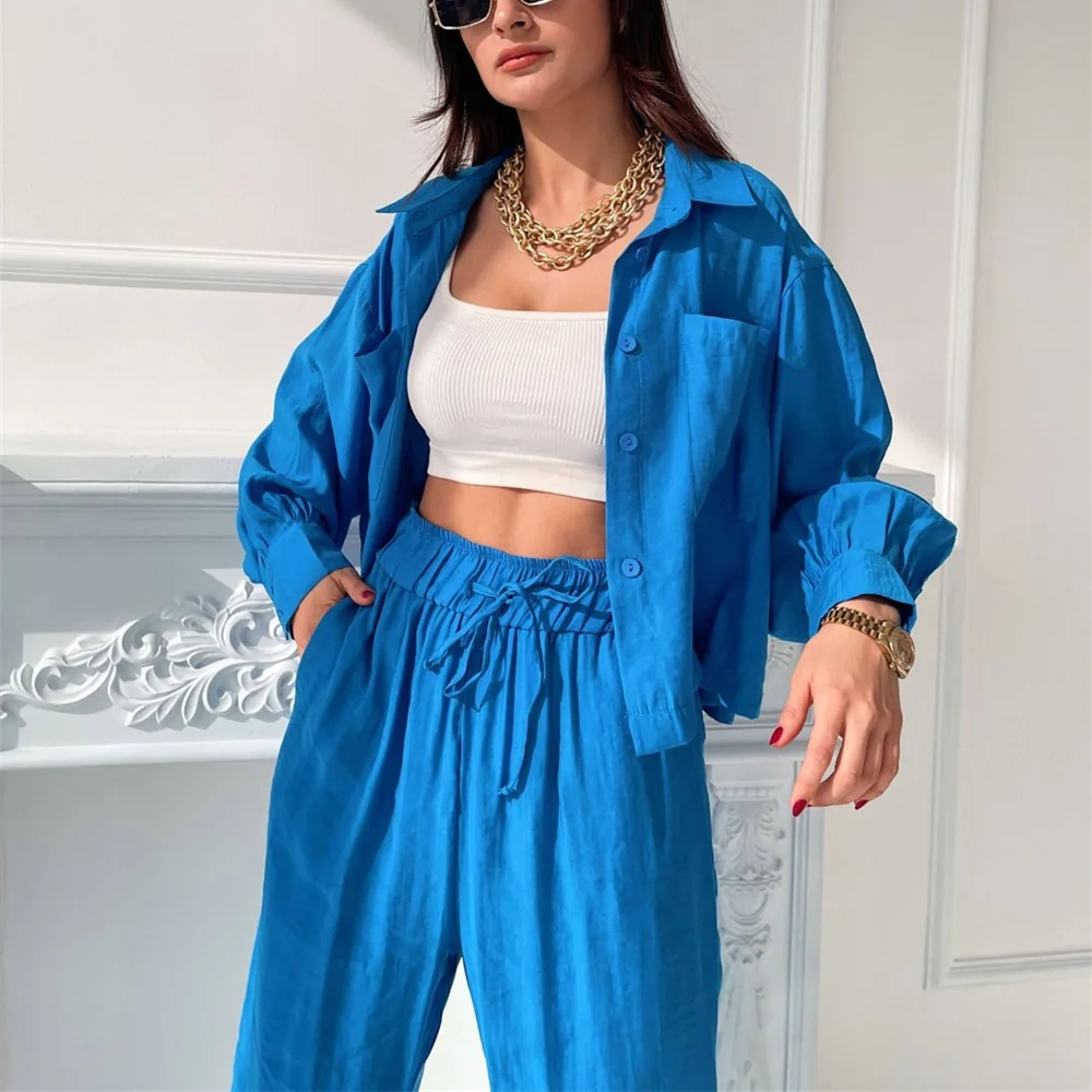 

Spring Women Clothing Sets Solid Loose Casual Single Breasted T-shirt + Side Split Pants 2 Pcs Suits Fashion Female Tracksuits
