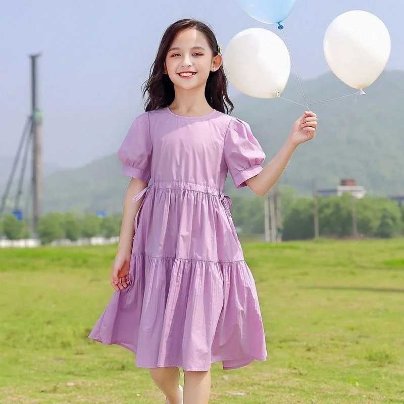

Girls Summer Short-Sleeved Dress 2023 New Solid Color Foreign Style Baby Girl Cotton Thin Puff Sleeve Princess Dress