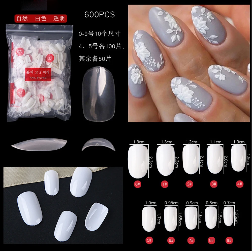 

600Pcs/Bag Artificial Nails Full Oval Round/Waterdrop/Square Panit False Fake Nails Tips 10 Size Manicure Salon DIY Nail Decal