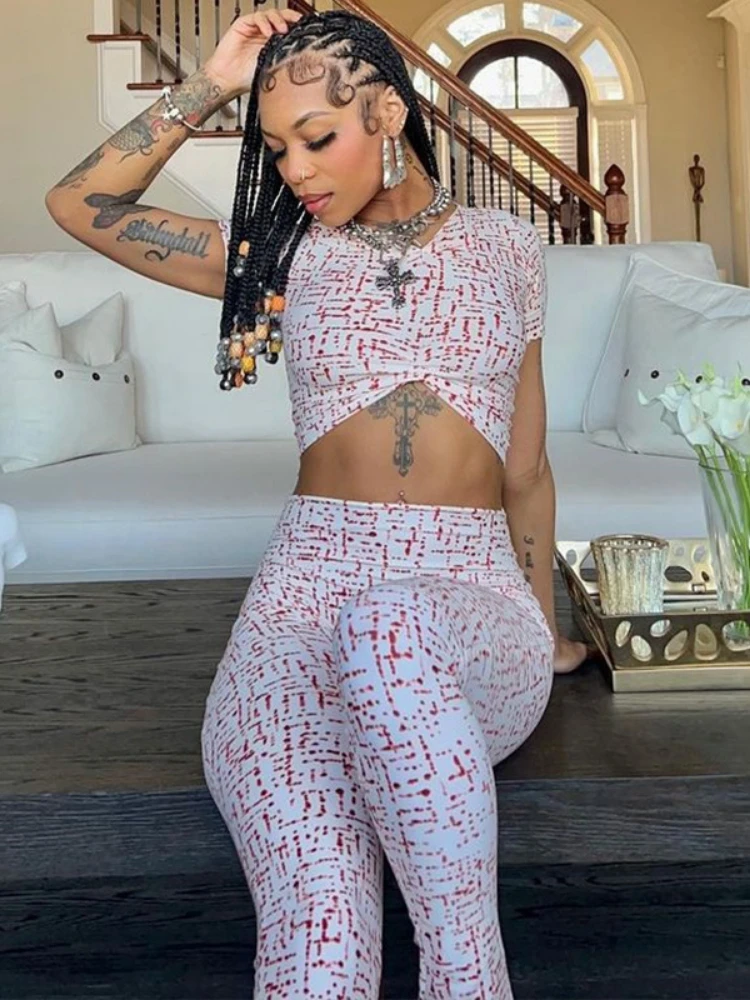 

Casual Two Piece Pants Set for Women Summer Short Sleeve Pleated Crop Top + Skinny Long Trousers Female Sporty Matching Outfits