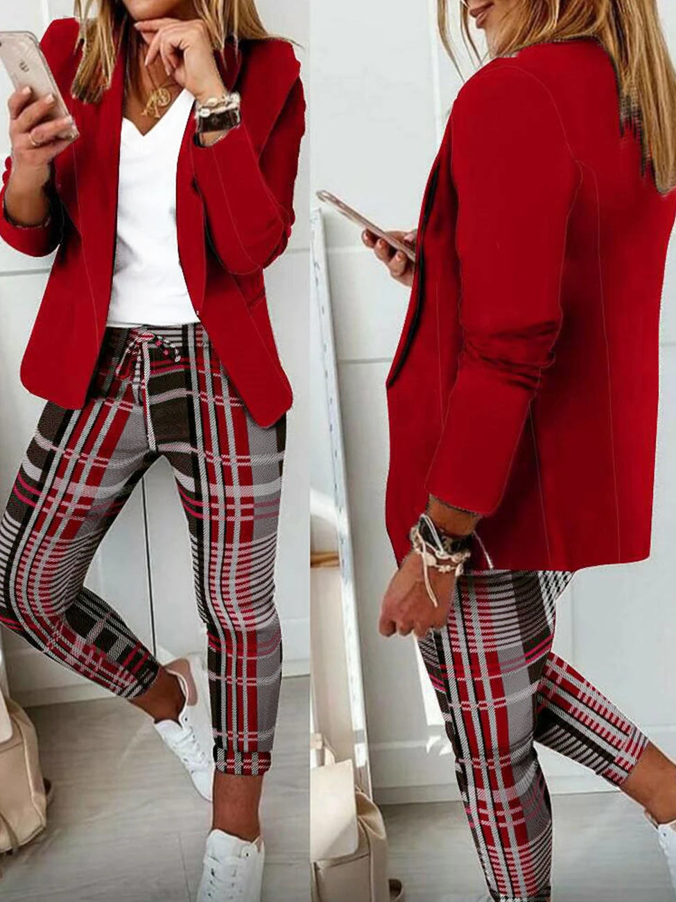 

Plaid print Blazer Coat & drawstring Pants Set Autumn women Office suits set two piece set 2022