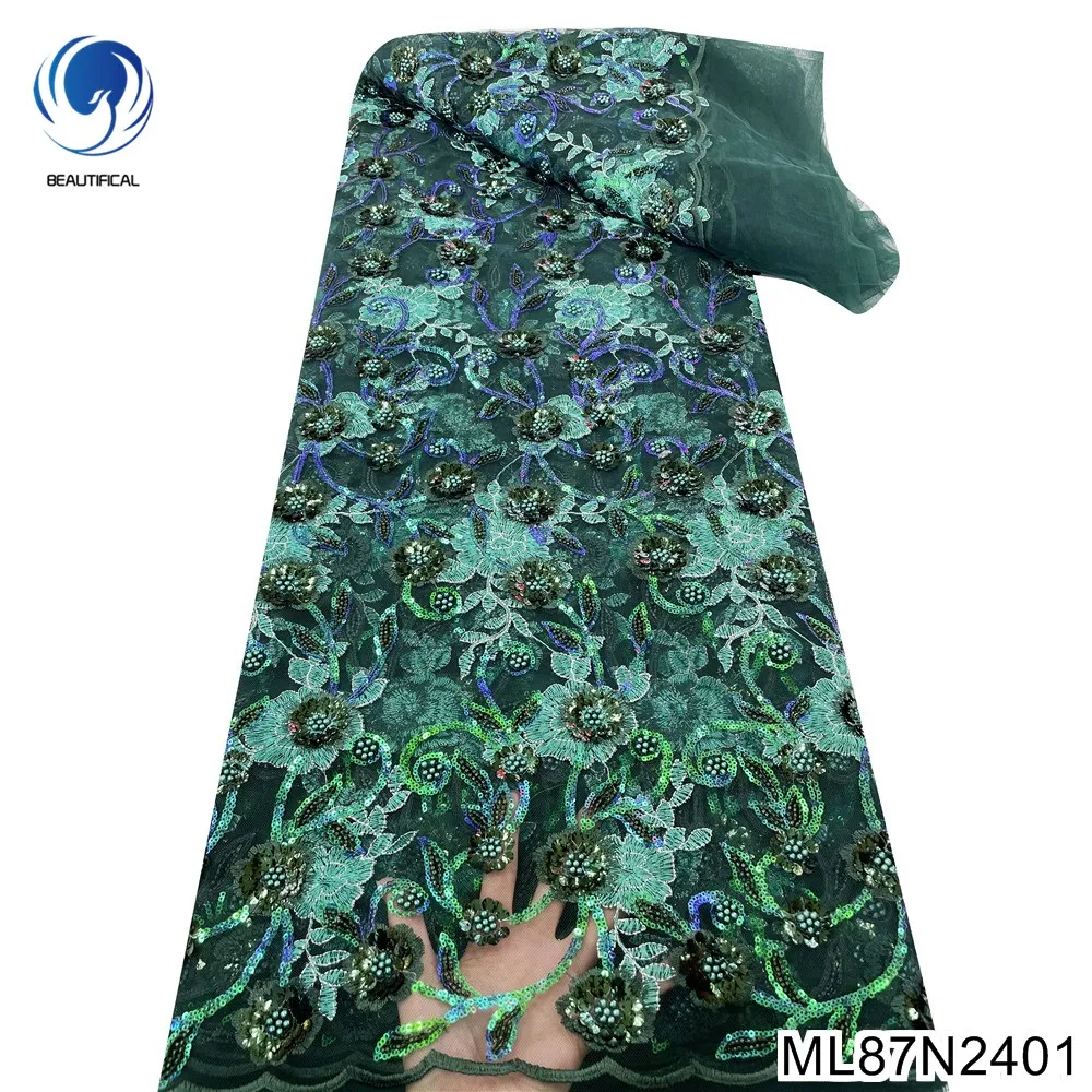 

Блестки украсят листья и 3D Цветочная аппликация с ручным бисером дизайнерская кружевная ткань Роскошная для свадебного платья ML87N24