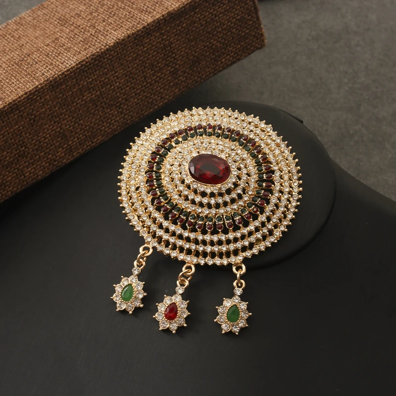 

Round Flower Brooch Jewelry Luxury Bridal Hijab Pins Full Crystal Stone Brooches Arabic Wedding Women Accessories
