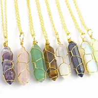 quartz crystal necklace reiki healing jewelry necklace for women natural stone pendant wire wrap hexagonal bullet amethysts