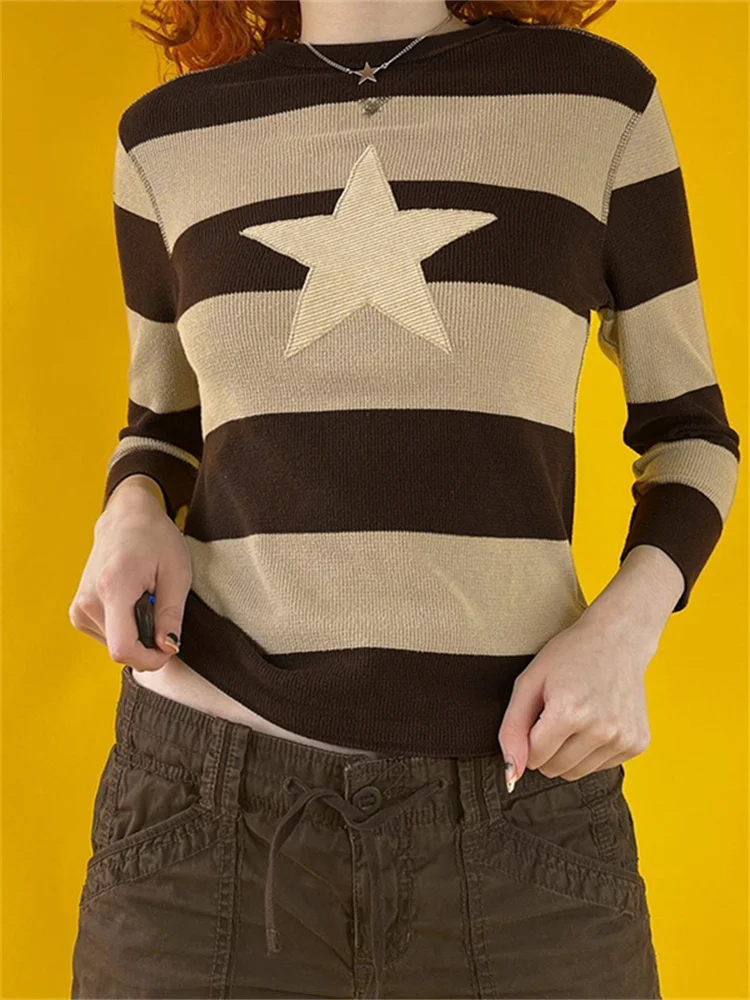 

Fashion Women Knitted Sweatshirt Stripe Star Applique Crew Neck Long Sleeve Fitted Knitwear for Ladies Brown Casual Pullover Y2k