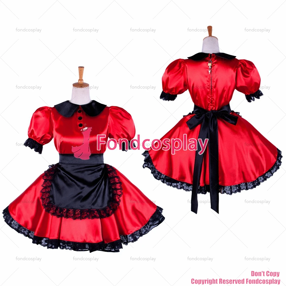 

Одежда для взрослых fondcosplay, сексуальная, с крестом, с замком, Красное Атласное Платье, Униформа, черный фартук, костюм для CD/TV[G1362]