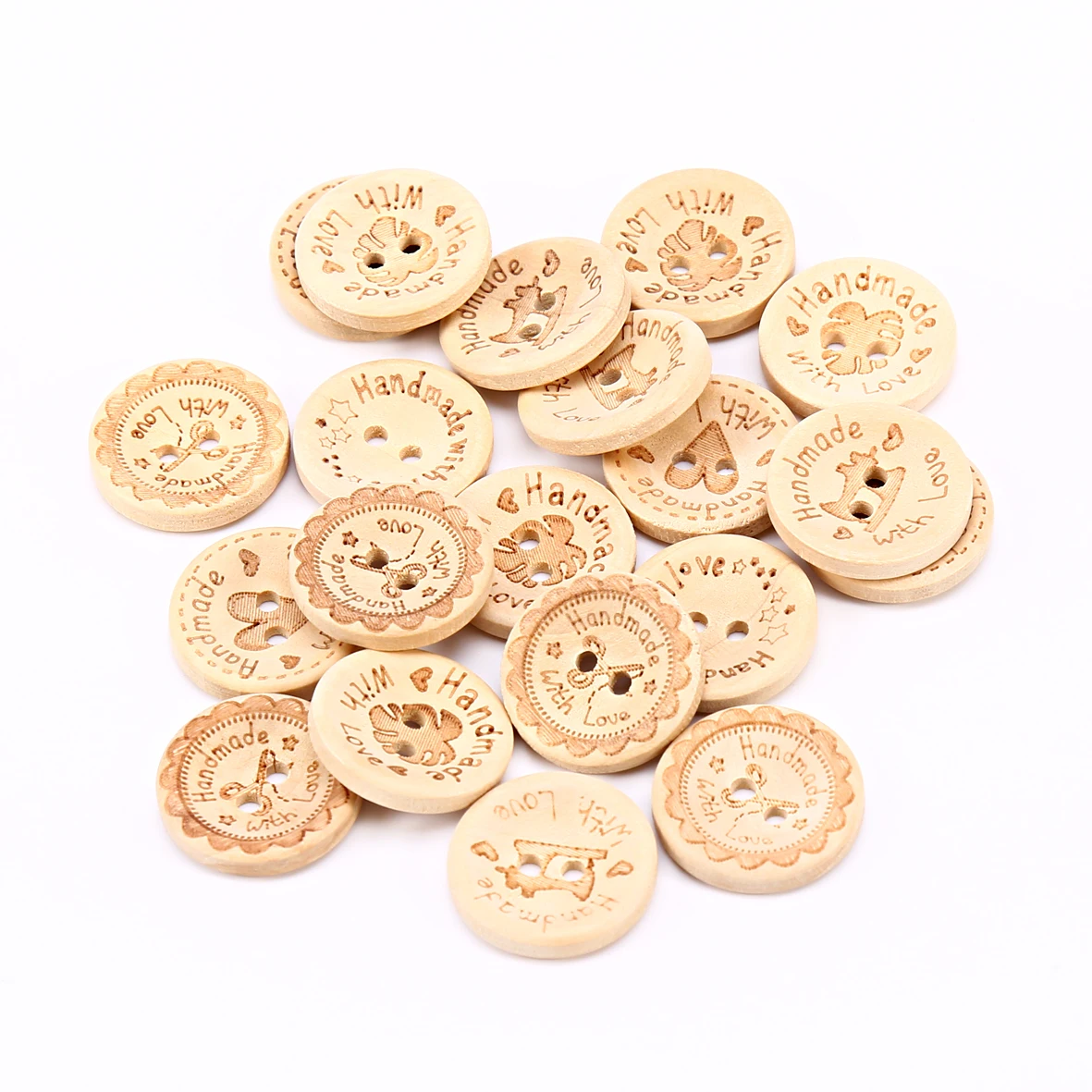 

50pcs 20mm Natural Multi Patterns Wood Round Laser Handmade With Love Buttons 2 Holes Sewing DIY Crafts Embellishments