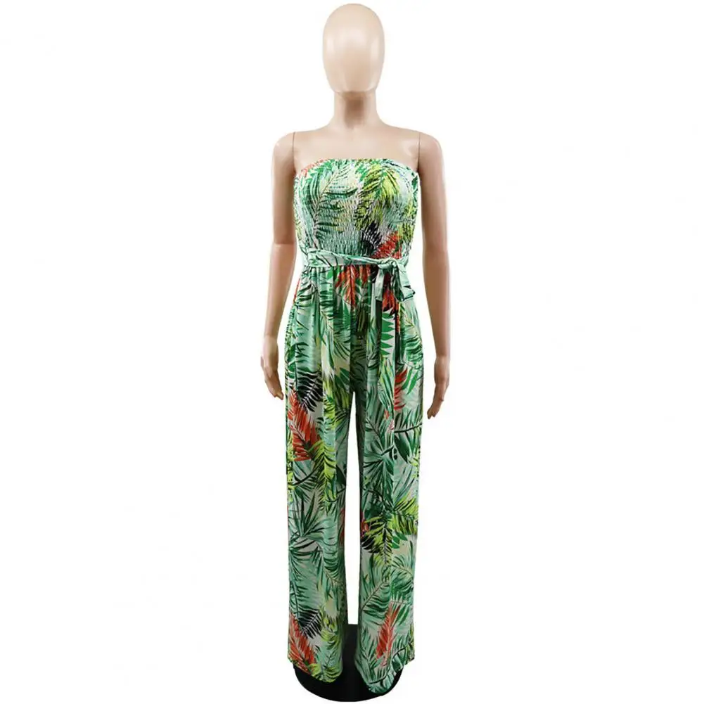 

Jumpsuit Floral Print Bandeau Jumpsuit Stylish Wide Leg Summer Vacation Attire for Ladies Featuring A High Waist Backless Design