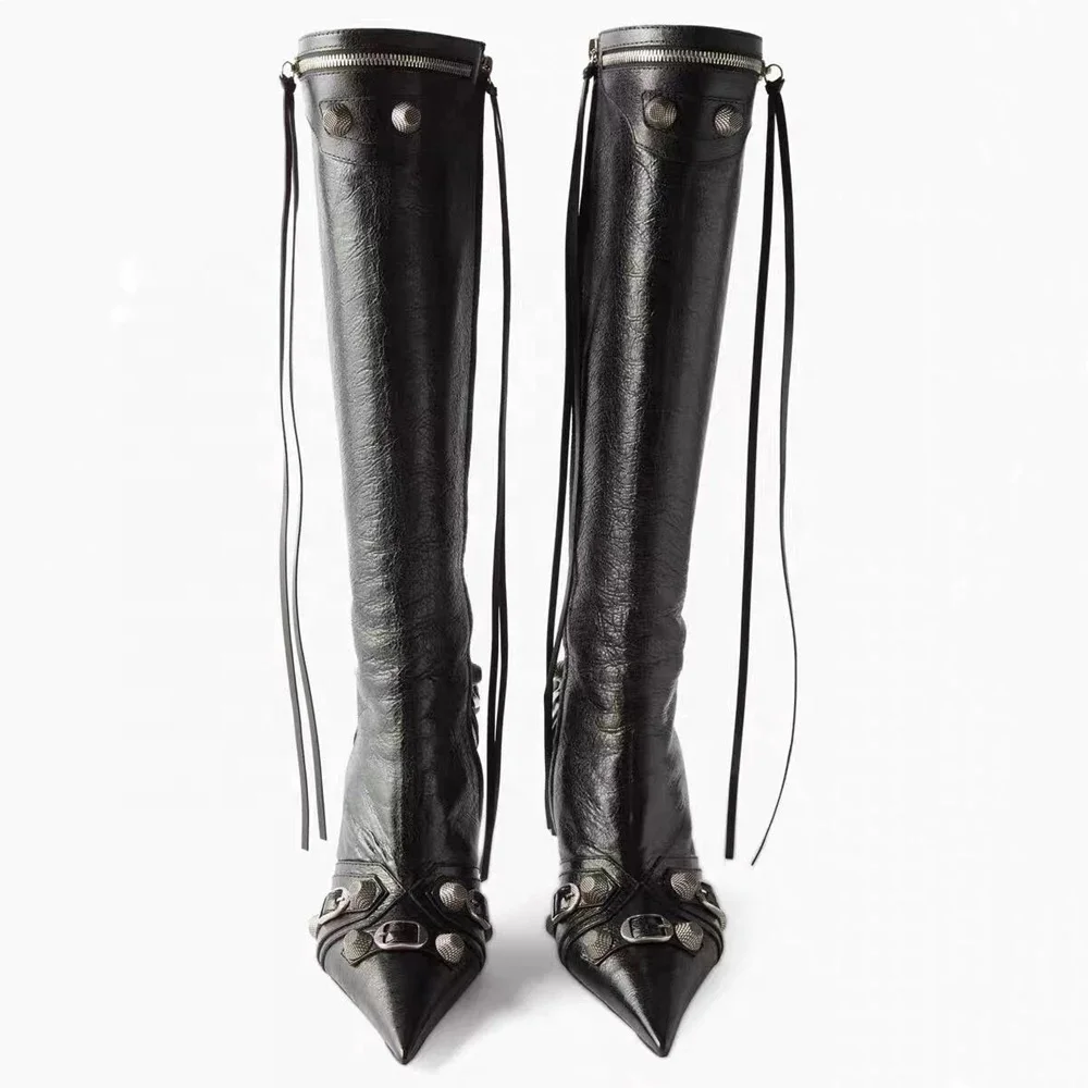 Fashion Design Boots Shoes Pointy Toe Rivets Buckle Knee High Boots High Heel for Women Zip Custom Shoes Size 43